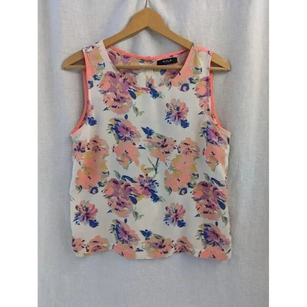 Vila clothes colorful floral button back tank light cotton women's size Large F1